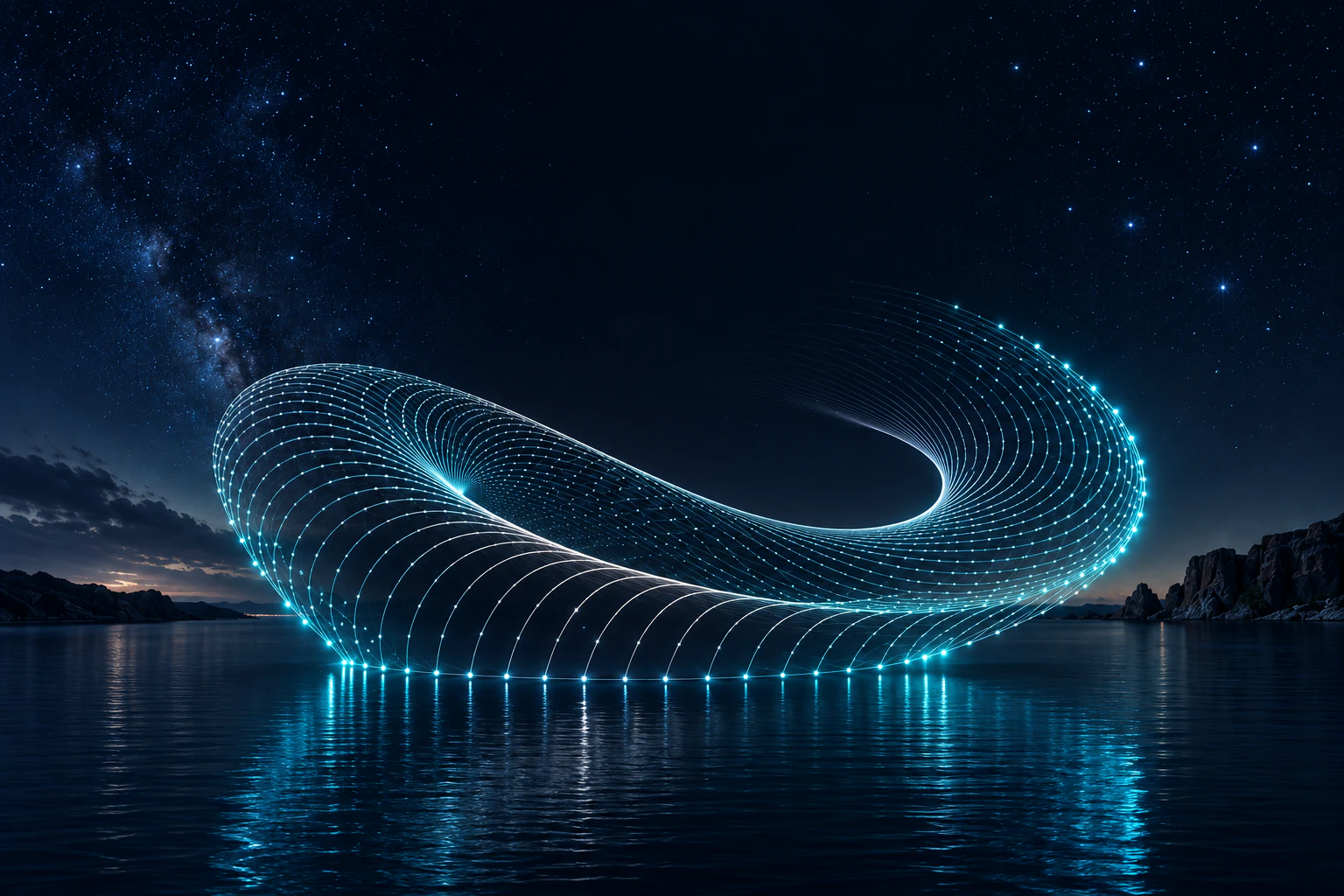 Luminous cyan threads forming a flowing ring above a dark ocean and starry horizon